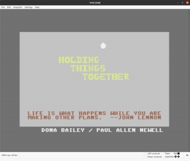 « Holding things together » (« Tenir bon »), un des multiples noms de travail du prototype désormais connu comme « Computer Theatre ». Il fonctionne ici sur un programme émulant les capacités du Commodore 64, micro-ordinateur populaire des années 1980.