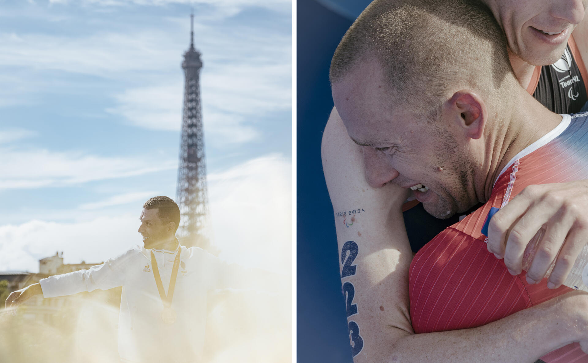 Alexis Hanquinquant lors de la cérémonie de la remise des médailles du para triathlon au pont Alexandre-III, à Paris, 2 septembre 2024. A droite, le Français Jules Ribstein arrivé premier à l’épreuve de para triathlon hommes (PTS2) en pleurs dans les bras du Néerlandais Maurits Morsink.