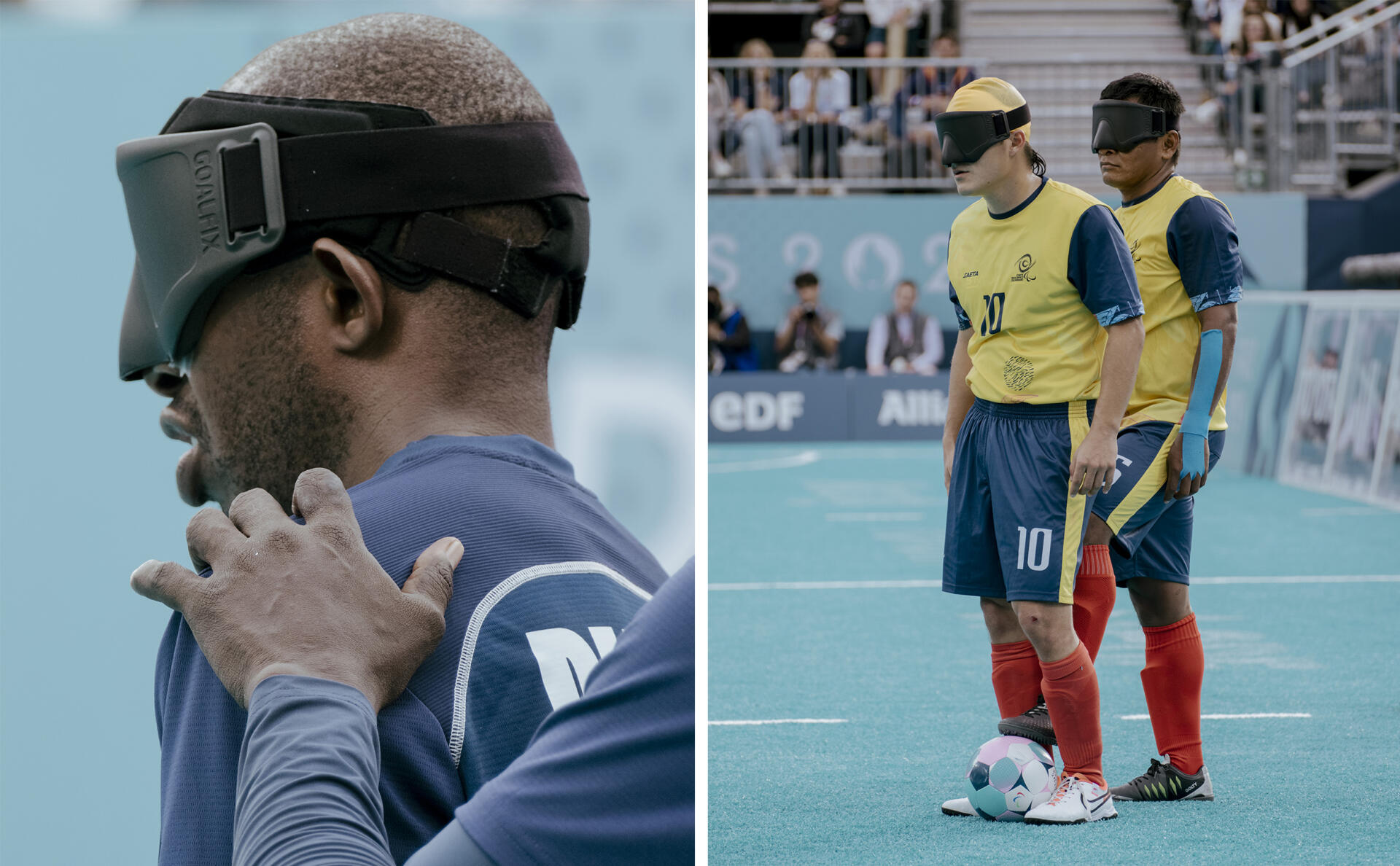 Le match de demi-finale de cécifoot entre la France et la Colombie (en jaune) au pied de la tour Eiffel, au Champ-de-Mars, à Paris, le 5 septembre 2024.