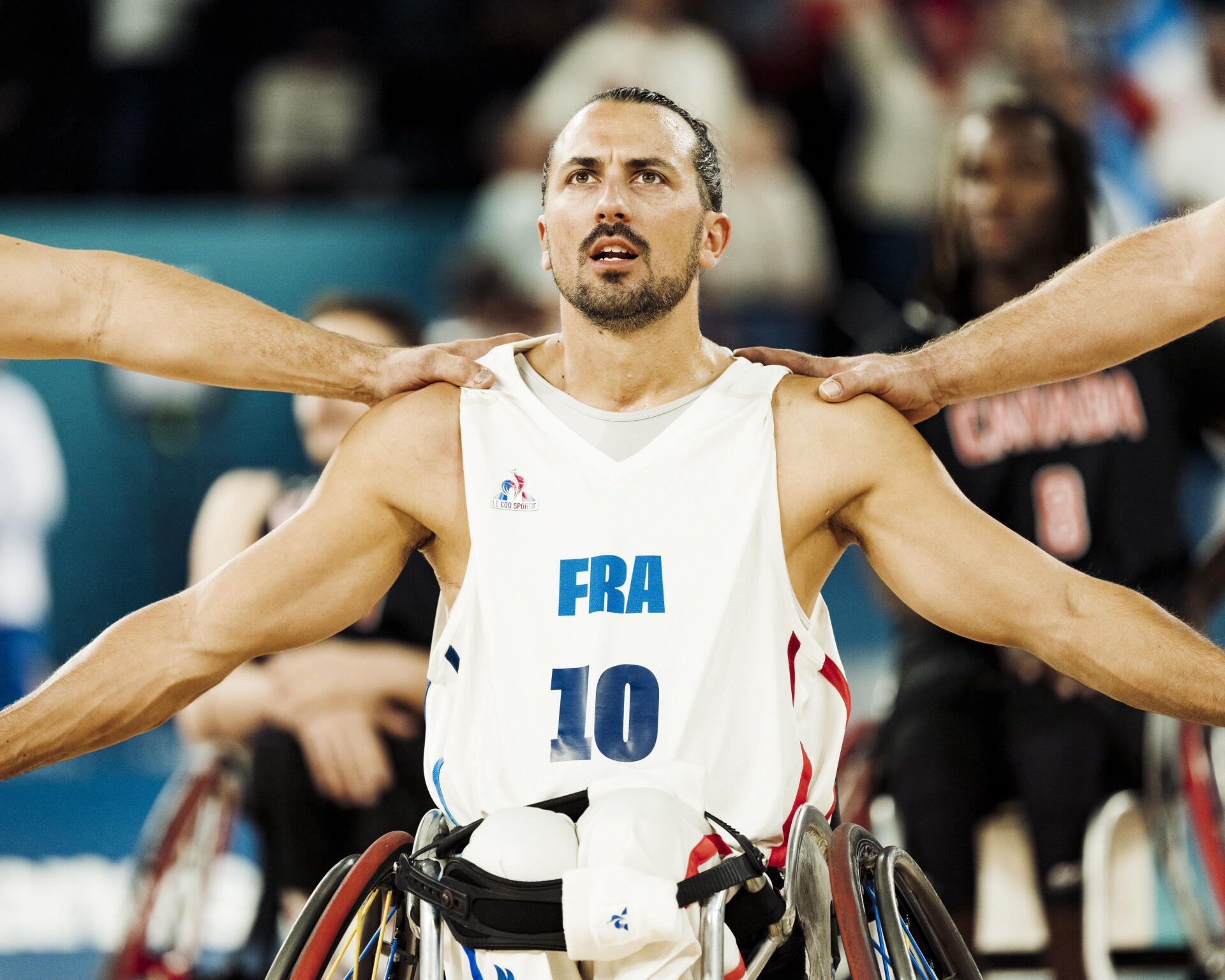 Match de basket fauteuil (hommes) entre la France et le Canada à l’Arena Bercy, Paris, le 30 août 2024.