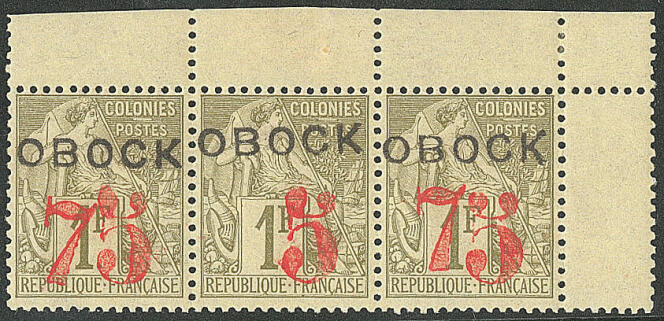  Obock, type « Alphée Dubois », 75 centimes sur 1 franc olive, surcharge « 7 » omis sur timbre du milieu, tenant à normal, coin de feuille. Prix de départ : 6 000 euros.