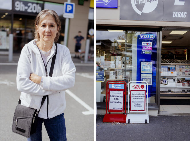 A gauche, Aline, 57 ans. A droite, le tabac-presse L’Italique, dans le centre commercial Intermarché de La Chapelle-sur-Erdre (Loire-Atlantique), le 4 septembre 2024.