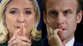 Montage de photos de Marine Le Pen et Emmanuel Macron le 12 avril 2022.