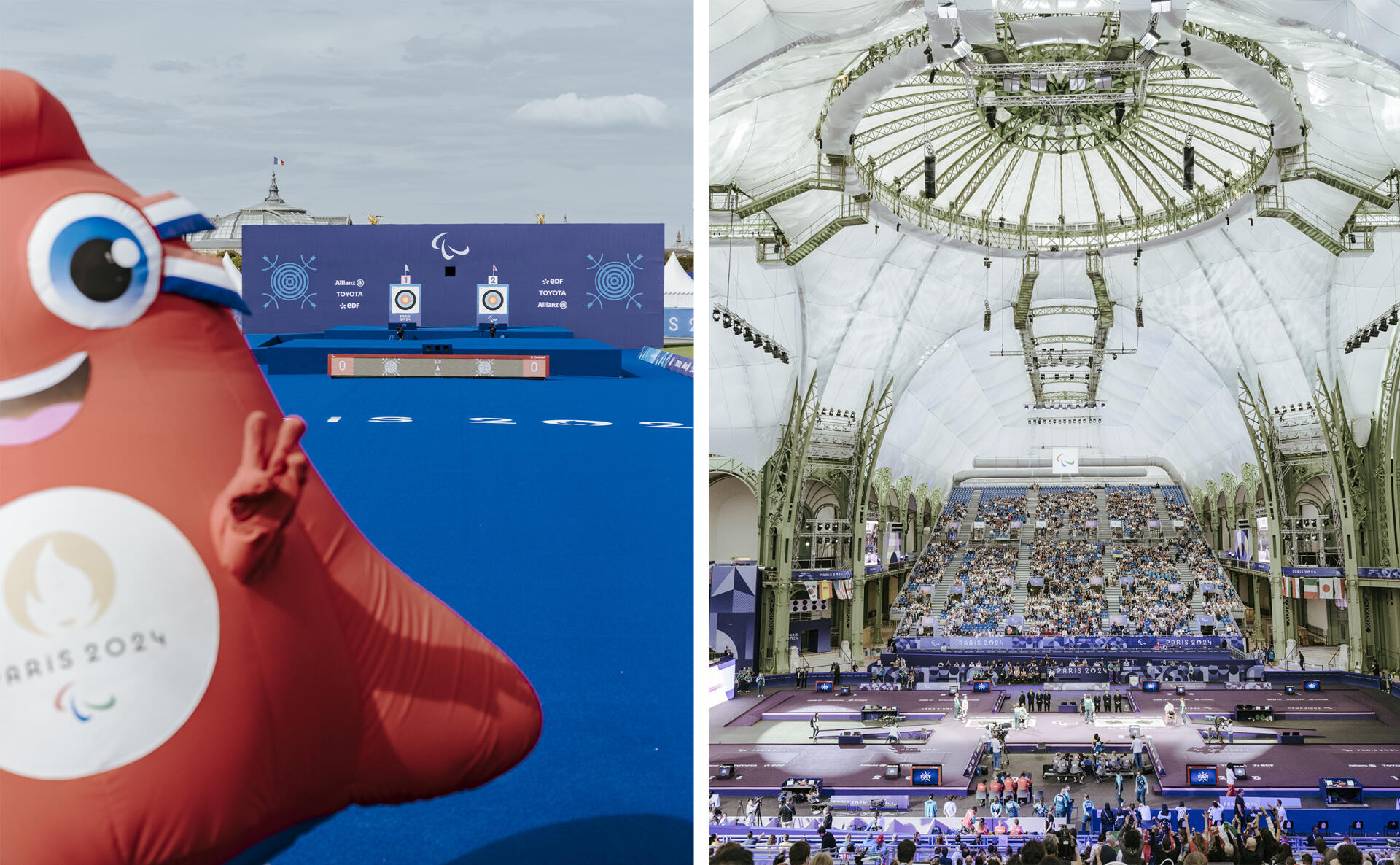 A gauche, lors de l’épreuve du tir à l’arc aux Invalides. A droite, des épreuves au Grand Palais. Paris, le 4 septembre 2024.