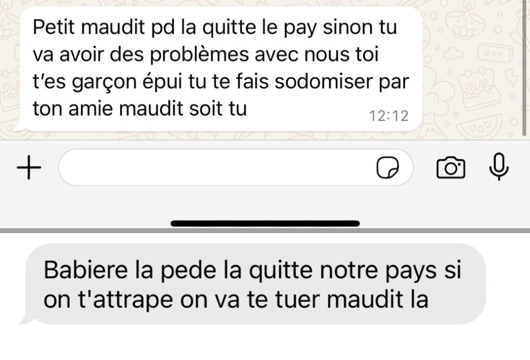 Deux exemples de messages reçus par Michel depuis son agression et suite à la vague de harcèlement dont il est la victime.